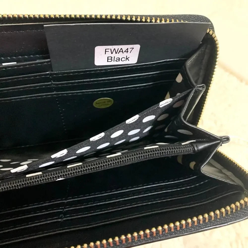 Black Wavy Texture Striated Patent Leather Zip Around Continental Clutch Wallet